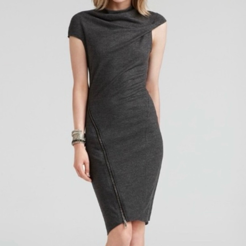 Helmut Lang Black Sonar Wool Asymmetrical Zipper Dress S